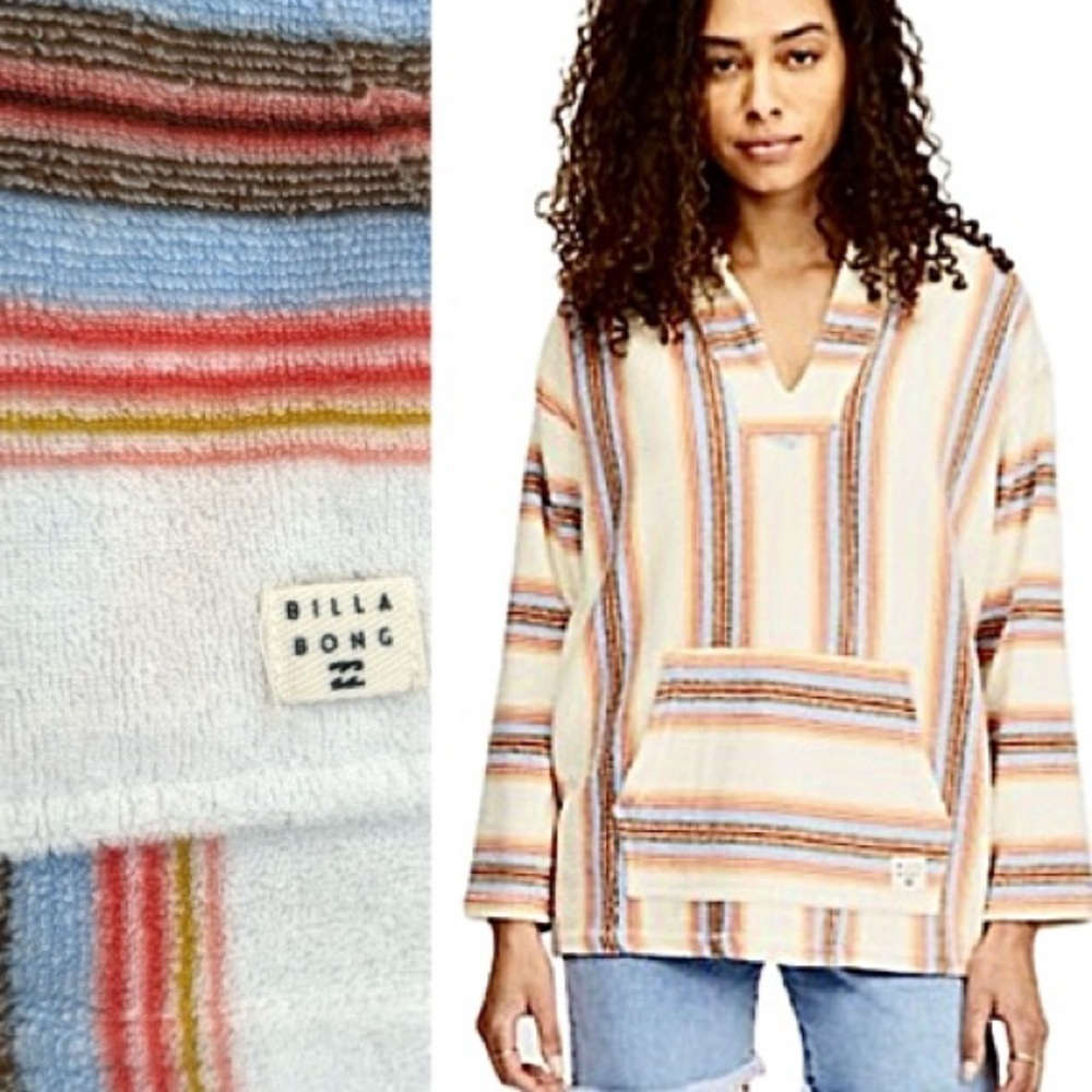 Billabong Rainbow Striped Terry Cloth Pullover Hoodie Womens Size XS Cabana Top